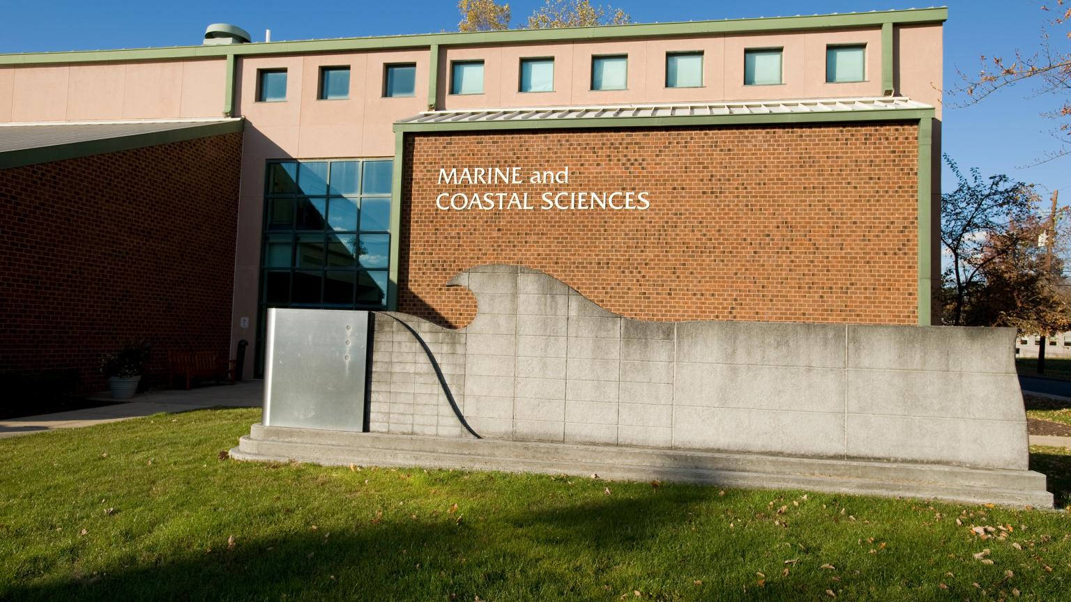 Wave sculpture outside of Marine and Coastal Sciences building on the Cook Campus