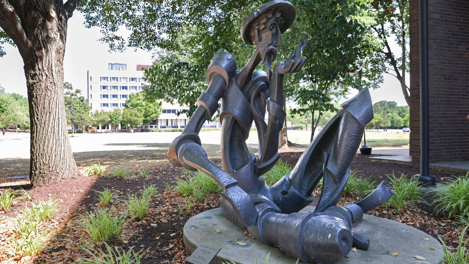 Don Quixote with a Flower by Nikolai Silis located outside of Kilmer Area Library