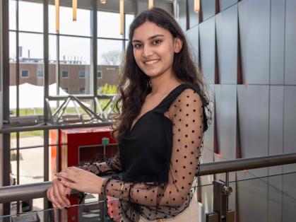 Rutgers-New Brunswick student Asmi Kaushal stands inside the Richard Weeks Hall of Engineering on Busch campus.