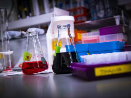 close up of beakers in a laboratory